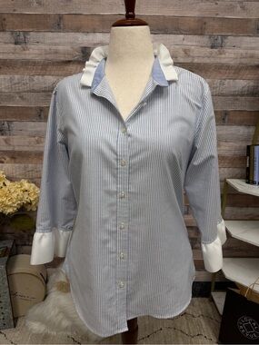 Pearly Vine blue striped button down with ruffles L